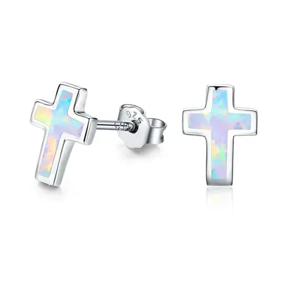 Sterling Silver Opal Cross Stud Earrings for Women Girls