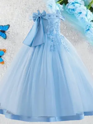 Girl's Cold Shoulder Faux Pearls Decor Contrast Lace Mesh Fit and Flare Dress, Elegant Bow Decor Sleeveless Satin Dress for P...