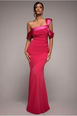 Goddiva One Shoulder Satin Band Maxi Dress - Magenta