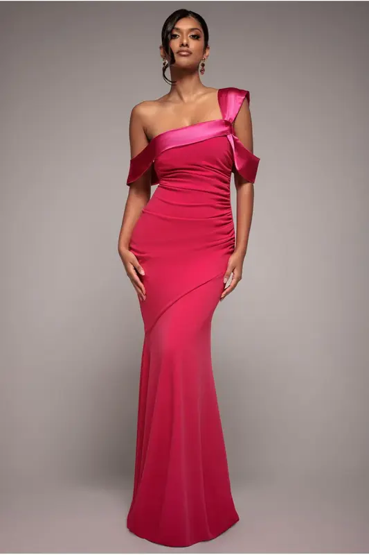 Goddiva One Shoulder Satin Band Maxi Dress - Magenta