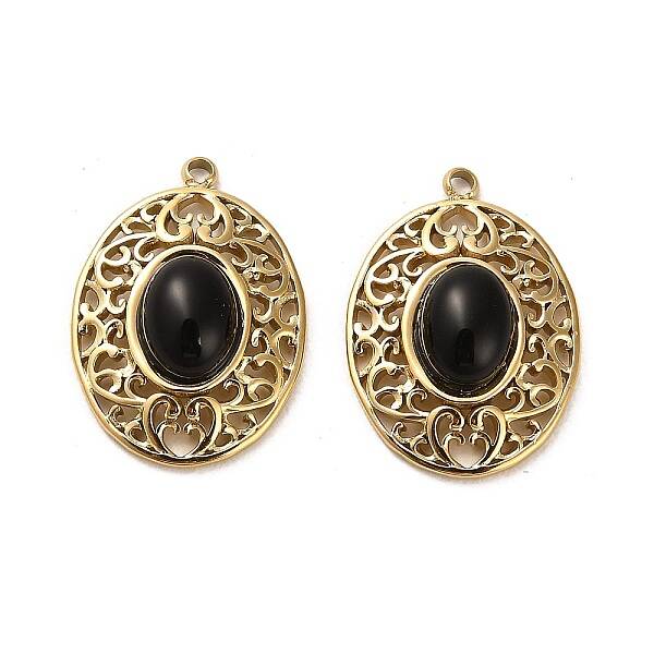 304 Stainless Steel Pave Natural Obsidian Pendants