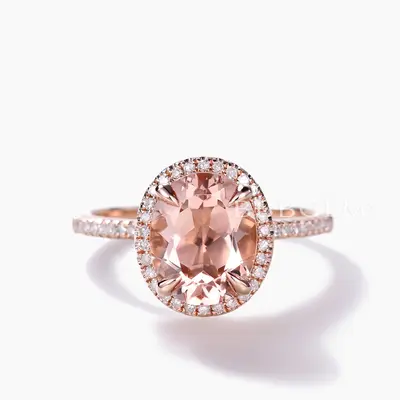 7x9mm Oval Cut Halo Morganite and Diamond Engagement Ring Petite Thin