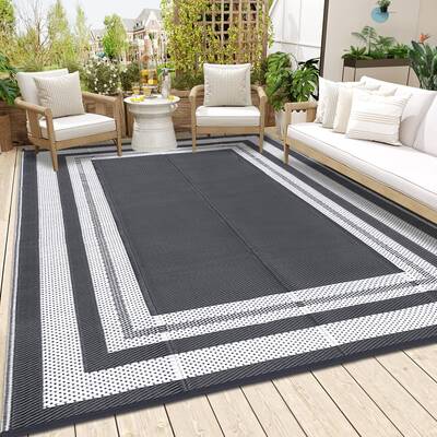 Garvee Outdoor Grey & White 9x12 Waterproof Reversible Rug Plastic Straw Rug for Patios, Decks, Porch, Camper, Balcony, Backy...