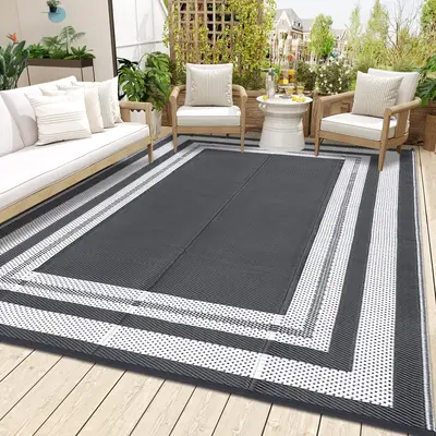 Garvee Outdoor Gray & White 9x12 Waterproof Reversible Rug Plastic Straw Rug for Patios, Decks, Porch, Camper, Balcony, Backy...