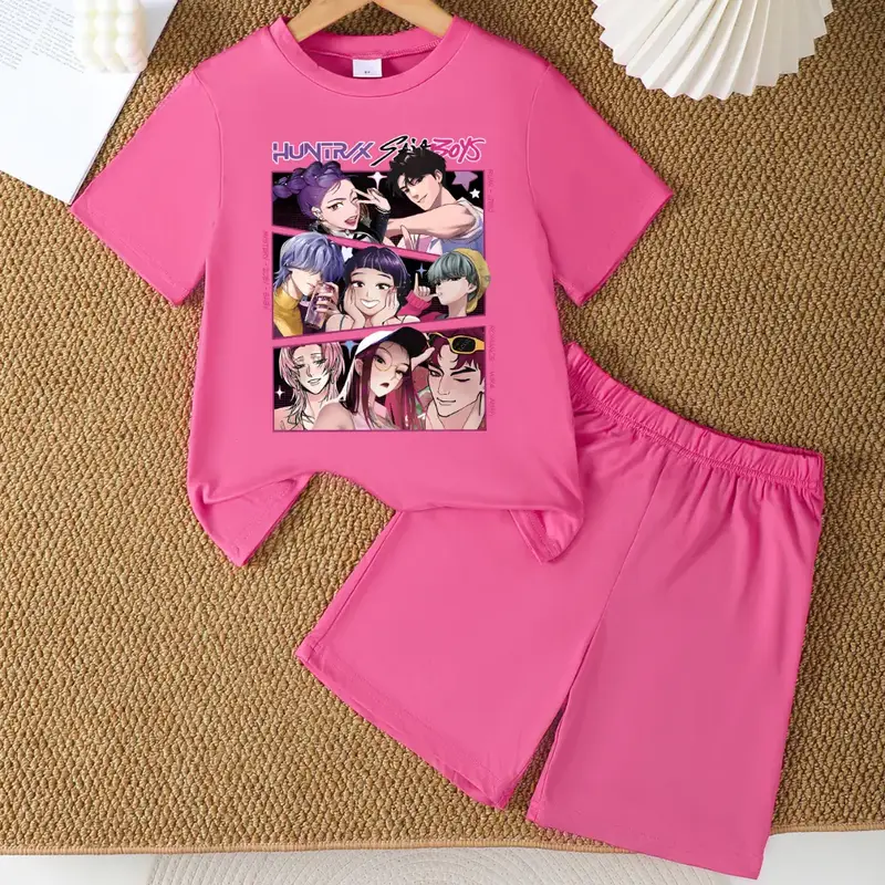 7-13T CrevNeck Teen Girls Kpop Demon Hunters Tiger Outfit Purple Graphic Print Short Sleeve T-Shirt & Shorts Set for Spring S...