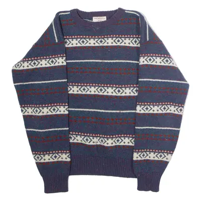 THE MILLSHOP Mens Patterned Jumper Green Crew Neck 90s Wool S