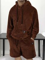 Two-piece Set Men's Solid Color Pocket Hoodie & Drawstring Waist Shorts, Regular Fit Casual Longsleeves Hooded Sweatshirt & S...