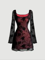 Women's Floral Print Contrast Mesh Lettuce Trim Flounce Long Sleeve Dress, Y2k Fashion Casual Square Neck A Line Short Dress ...