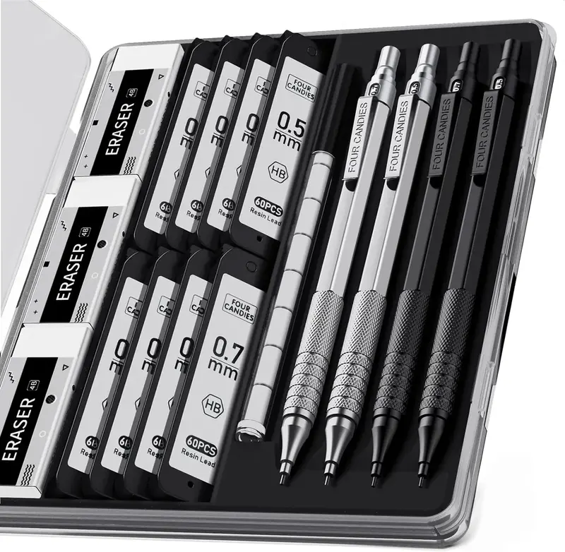 Weighted Pencil !!!Four Candies  Metal Mechanical Pencils Set with Case, For Writing Drafting, Drawing, Sketching, 0.5mm & 0....