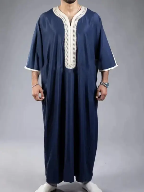 Men's Contrast Binding Embroidering Notched Neck Kaftan, Summer Outfits 2024, Regular Fit Casual Three Quarter Length Sleeve ...