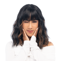 17-Inch Black (Toffee Highlights) Wavy Synthetic Wig | 【Heat Resistant】【Cap Included】 | #24