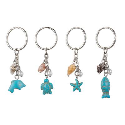 Synthetic Turquoise & Shell Pendant Keychain