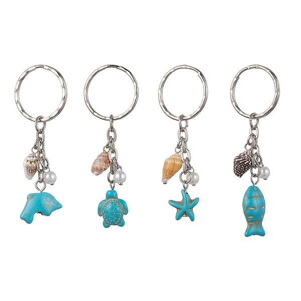 Synthetic Turquoise & Shell Pendant Keychain