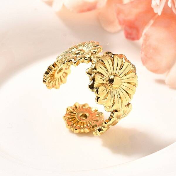 Flower 201 Stainless Steel Open Cuff Ring for Women