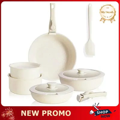 [LIVE] 12-Piece Ceramic Nonstick Cookware Set, Detachable Handle Pots and Pans Set, Oven Safe, Cream White Frying Silicone Li...