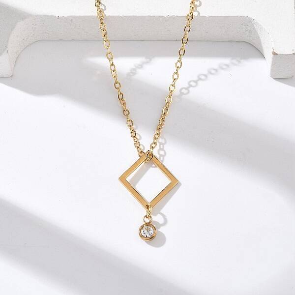 304 Stainless Steel Crystal Rhinestone Geometric Pendant Cable Chain Necklaces