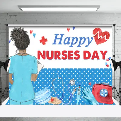 Blue White Happy Nurses Day Thank You Party Backdrop - Aperturee