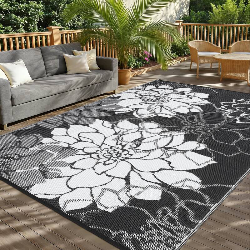 Garvee Large Outdoor Rug 9x18 Waterproof Reversible Floral Design Polypropylene Plastic Straw Non-Slip UV Resistant Patio Dec...