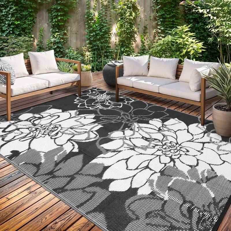 Garvee Large Outdoor Rug 9x18 Waterproof Reversible Floral Design Polypropylene Plastic Straw Non-Slip UV Resistant Patio Dec...
