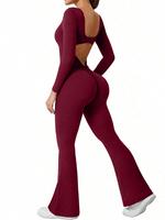 Women's Solid Backless Flare Leg Jumpsuit, Sporty Comfy Long Sleeve Jumpsuit for Yoga Gym Workout, Ladies Sportswear for All ...