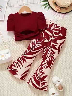 Toddler Girl's Solid Top & Flare Leg Pants Two-piece Set, Casual Fashion Cozy Top & Bell Bottom Trousers for Daily Outdoor We...