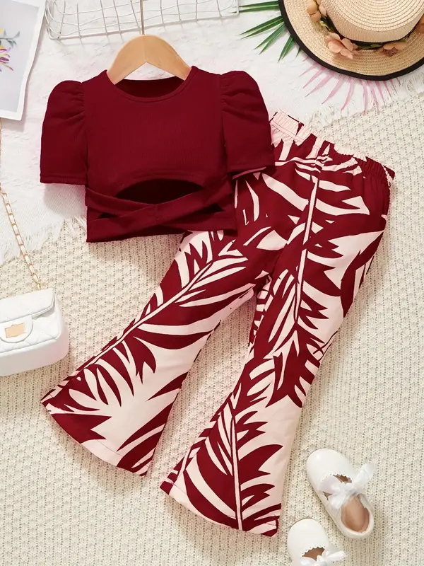 Toddler Girl's Solid Top & Flare Leg Pants Two-piece Set, Casual Fashion Cozy Top & Bell Bottom Trousers for Daily Outdoor We...