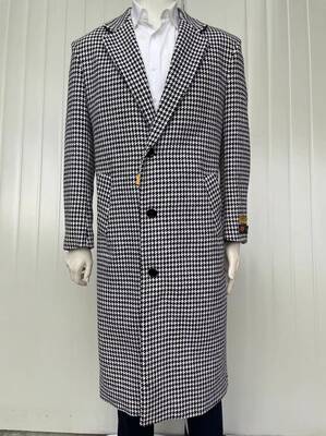 Mens Full Length Wool and Cashmere Overcoat - Winter Topcoats - Doted White Black Coat