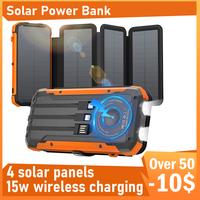 20000mAh Solar Power Bank with 4 Solar Panels, 15W Wireless Charger, USB-C & Built-in Cables. Portable Battery Pack for Phone...