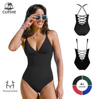 CUPSHE Women Casual Plunging Slim & Sculpt Swimsuit Lace-Up Back Tummy Control Adjustable Straps One-Piece Summer Beach Swimw...