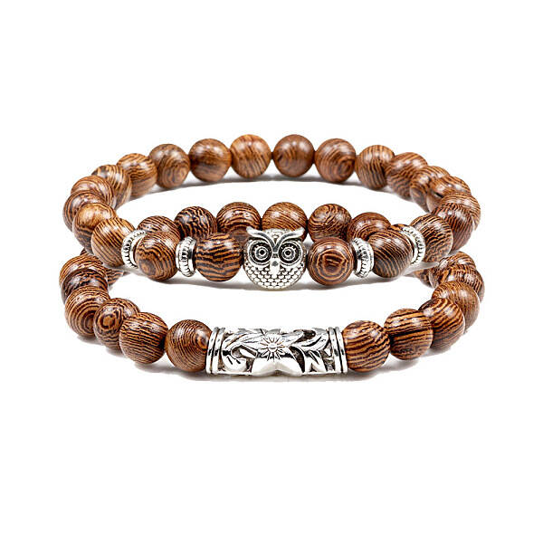 2Pcs Couple Alloy Star Owl & Synthetic Turquoise Stretch Bracelets Sets