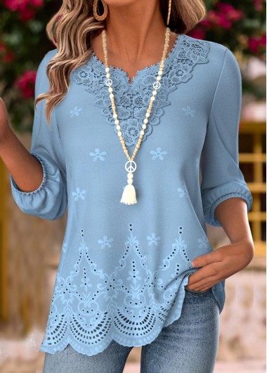 Modlily Dusty Blue Long Sleeve Split Neck Blouse - M