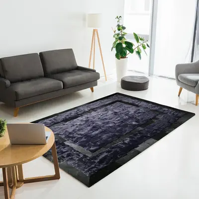 Night Blue Plush Fur Carpet with Black Frame