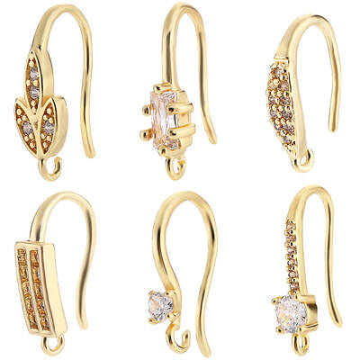 Beebeecraft 1 Box 24Pcs Ear Wires 18K Gold Plated Brass Cubic Zirconia 6 Style Earring Hooks with Loop Dangle Fish Hook for E...