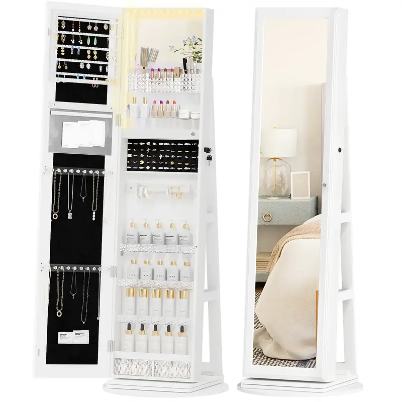 [FallFreshness]LHBCRAFT Frame Full-Length Mirror Jewelry Armoire, Lockable Jewelry Cabinet Standing, Inside Makeup Mirror, Je...