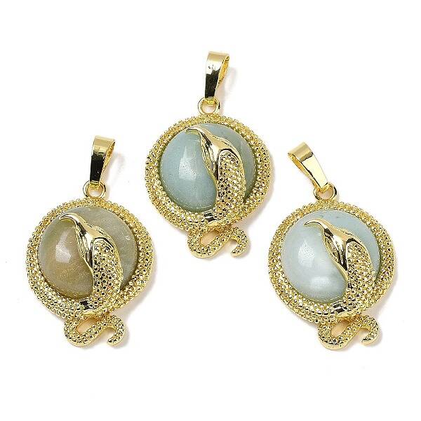Natural Flower Amazonite Flat Round Shaped Brass Pendants