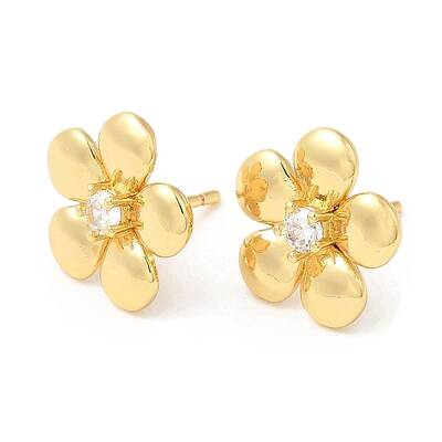 Brass Flower Stud Earrings with Clear Cubic Zirconia