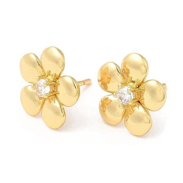 Brass Flower Stud Earrings with Clear Cubic Zirconia