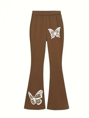 Girl's Butterfly Print Flare Leg Pants, Casual Comfy High Waist Bell Bottom Trousers for Daily Wear, Kids Bottoms for All Sea...