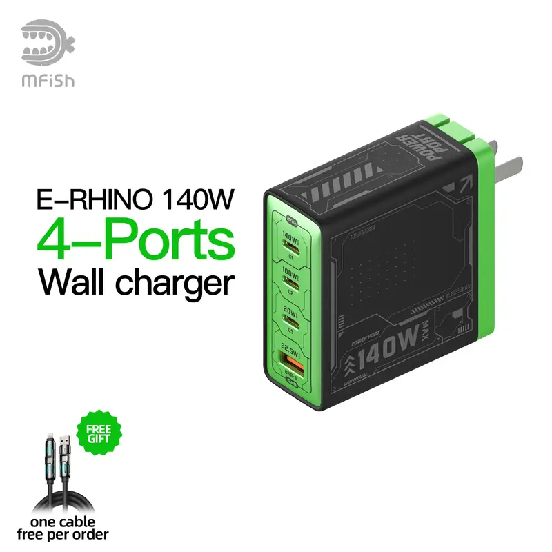 mfish E-RHINO 140W GaN wall charger, four-ports flash charger,original foldable travel universal Plug fast charging dealsfory...