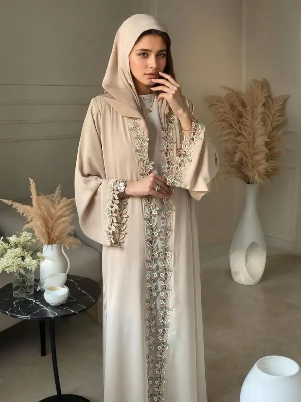Women's Floral Embroidery Abaya, Modest Long Sleeve Open Front Abaya for Daily Wear, Women's Islamic Clothing for All Seasons