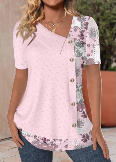 Modlily Pink Patchwork Short Sleeve Asymmetrical Neck Blouse - S