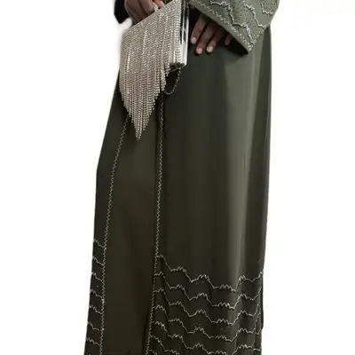 Olive Green Rhinestone Abaya | Luxury Modest Abaya with Wave Detailing | Evening Occasion Dress | Eid, Nikah, Party Look
