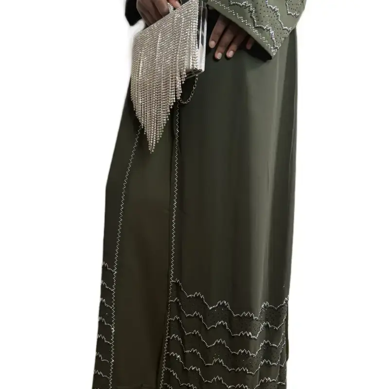 Olive Green Rhinestone Abaya | Luxury Modest Abaya with Wave Detailing | Evening Occasion Dress | Eid, Nikah, Party Look
