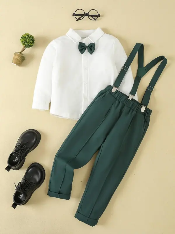 Toddler Boy's 2pcs Bow Button Front Long Sleeve Shirt & Plain Suspender Pants Set, Cute Preppy Style  Little Boys Two-piece O...