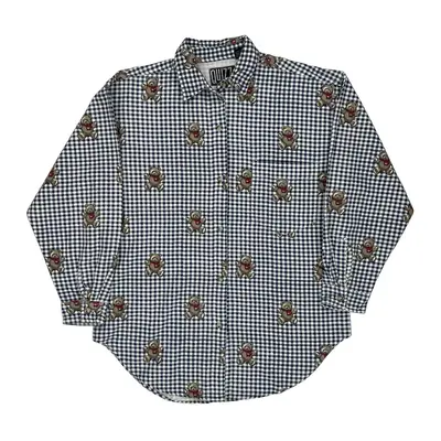 Teddy Bear Print Quizz Checked Patterned Shirt - Small Blue Cotton