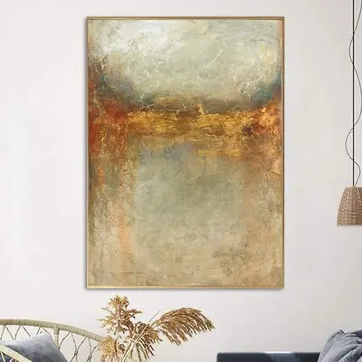 Abstract Beige Painting on Canvas Gold Leaf Wall Art Heavy Textured Oil Artwork Commissioned Painting for Hotel Wall Decor | ...