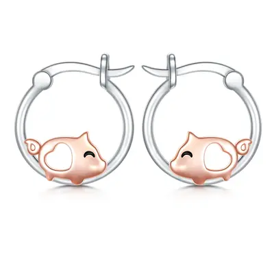 Sterling Silver Two-tone Pig Hoop Earrings
