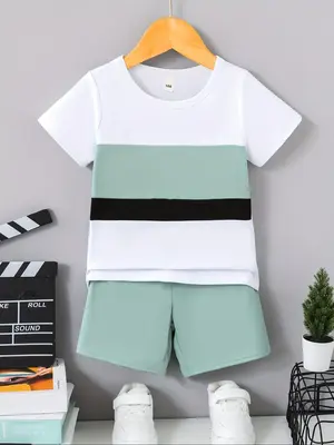 Two-Piece Set Toddler Boy's Colorblock Print Short Sleeve Tee & Elastic Waist Shorts, Casual Round Neck T-shirt & Shorts for...