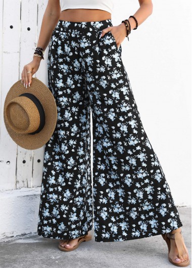 Modlily Black Flowy Ditsy Floral Print Wide Leg Pants - S