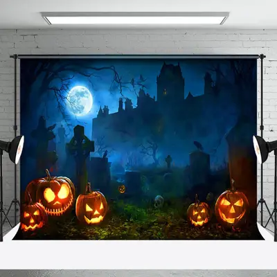 Aperturee Scary Pumpkins Cemetery Happy Halloween Backdrop - Aperturee